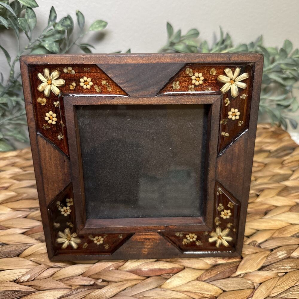 Handmade Mexican Wood 4x4 Picture Frame Pressed Floral Resin Folk Art Vintage